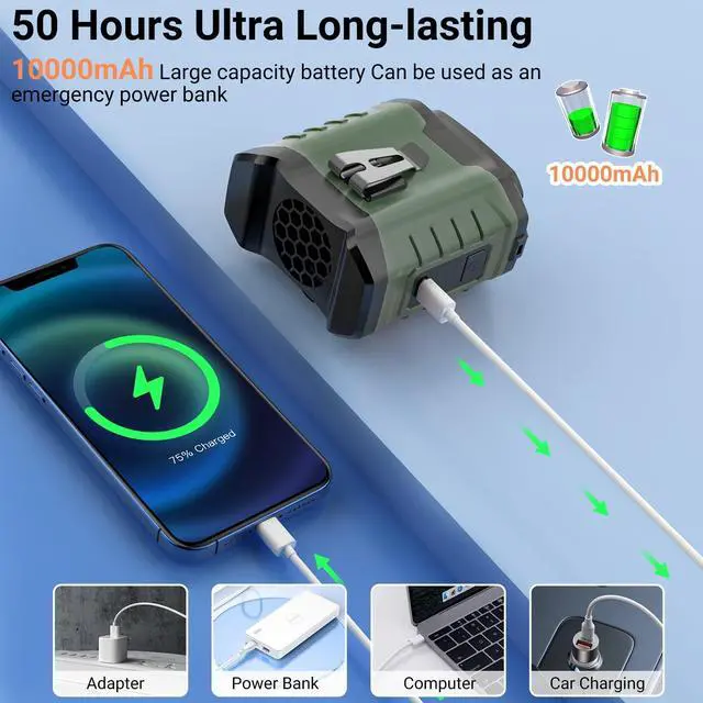 Alt view image 7 of 7 - 10000mAh Portable Waist Fan Clip on Wearable Belt Personal Fan Rechargeable Battery operated With 5 Speeds & Flashlight Neck Hands-Free 50H Cooling For Outdoor Camping Travel Fishing green