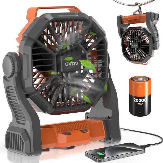 Main image of GVDV Ventilador de Camping con Linterna LED, Ventilador Portátil para Exteriores con Batería de 20000 Mah, Ventilador de Escritorio Recargable Personal para Viajes, Pesca, Picnic, Verde orange