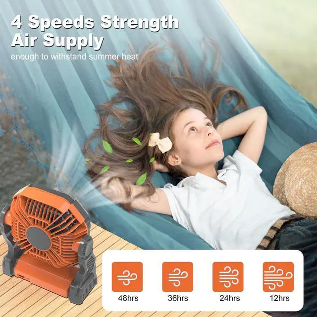 Alt view image 4 of 7 - GVDV Ventilador de Camping con Linterna LED, Ventilador Portátil para Exteriores con Batería de 20000 Mah, Ventilador de Escritorio Recargable Personal para Viajes, Pesca, Picnic, Verde orange