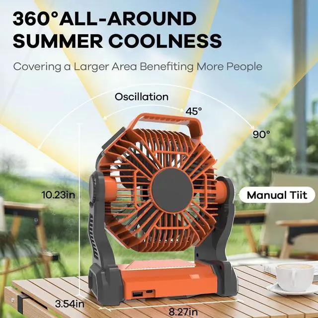 Alt view image 3 of 7 - GVDV Ventilador de Camping con Linterna LED, Ventilador Portátil para Exteriores con Batería de 20000 Mah, Ventilador de Escritorio Recargable Personal para Viajes, Pesca, Picnic, Verde orange