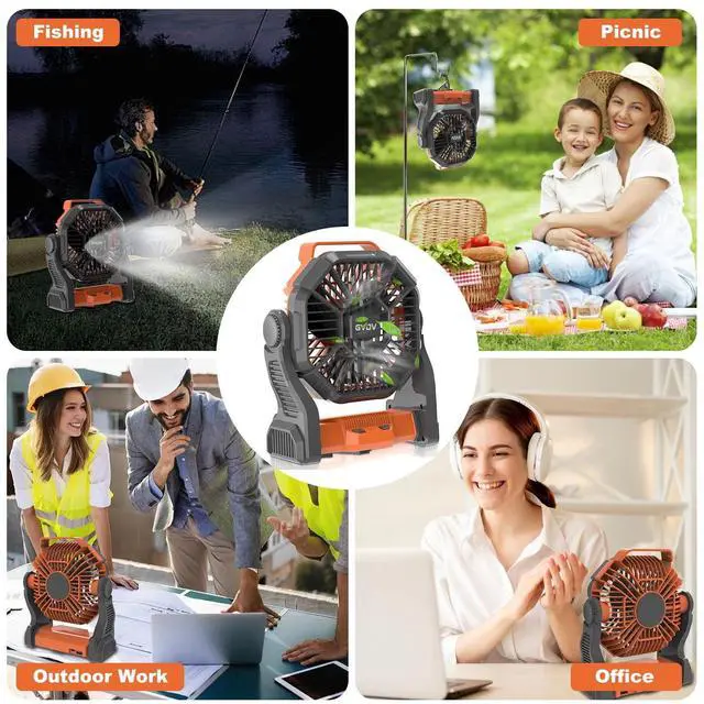 Alt view image 5 of 7 - GVDV Ventilador de Camping con Linterna LED, Ventilador Portátil para Exteriores con Batería de 20000 Mah, Ventilador de Escritorio Recargable Personal para Viajes, Pesca, Picnic, Verde orange
