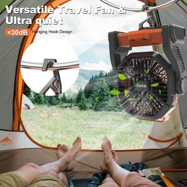 Alt view image 7 of 7 - GVDV Ventilador de Camping con Linterna LED, Ventilador Portátil para Exteriores con Batería de 20000 Mah, Ventilador de Escritorio Recargable Personal para Viajes, Pesca, Picnic, Verde orange