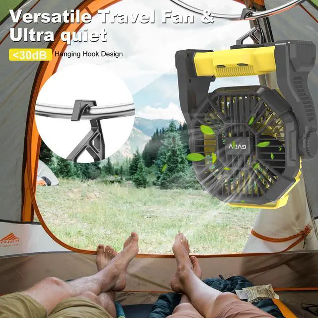 Alt view image 4 of 7 - GVDV Ventilador de Camping con Linterna LED, Ventilador Portátil para Exteriores con Batería de 20000 Mah, Ventilador de Escritorio Recargable Personal para Viajes, Caminatas, Pesca, Picnic Yellow