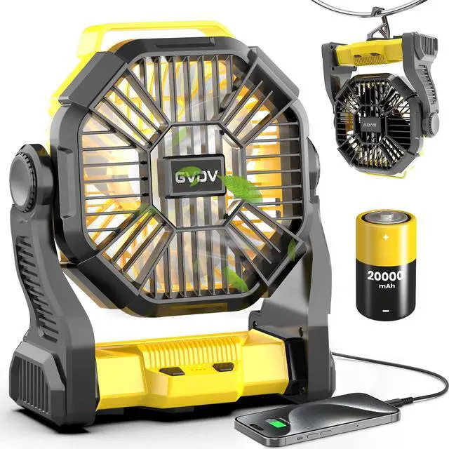 Main image of GVDV Ventilador de Camping con Linterna LED, Ventilador Portátil para Exteriores con Batería de 20000 Mah, Ventilador de Escritorio Recargable Personal para Viajes, Caminatas, Pesca, Picnic Yellow