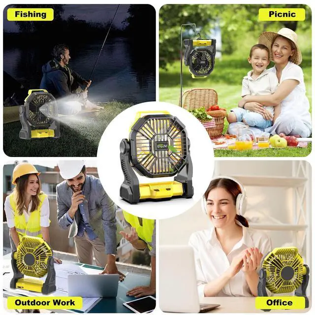 Alt view image 7 of 7 - GVDV Ventilador de Camping con Linterna LED, Ventilador Portátil para Exteriores con Batería de 20000 Mah, Ventilador de Escritorio Recargable Personal para Viajes, Caminatas, Pesca, Picnic Yellow
