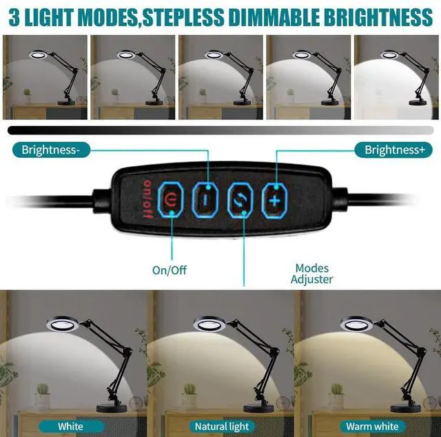 Alt view image 5 of 7 - 10X LED Magnifying Glass with Light, Stepless Dimmable, 3 Color Modes, Real Glass Lens Magnifying Lamp with Light Desk Lamp Clamp for Crafts, Reading, Close Work - Black