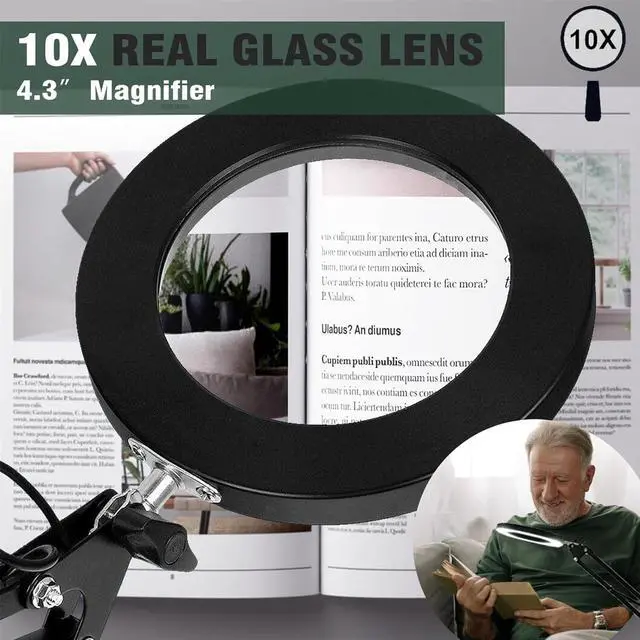 Alt view image 7 of 7 - 10X LED Magnifying Glass with Light, Stepless Dimmable, 3 Color Modes, Real Glass Lens Magnifying Lamp with Light Desk Lamp Clamp for Crafts, Reading, Close Work - Black