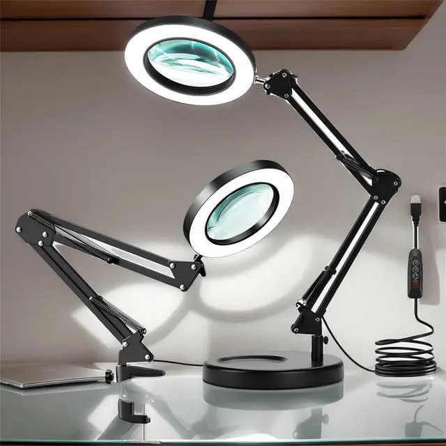 Alt view image 2 of 7 - 10X LED Magnifying Glass with Light, Stepless Dimmable, 3 Color Modes, Real Glass Lens Magnifying Lamp with Light Desk Lamp Clamp for Crafts, Reading, Close Work - Black