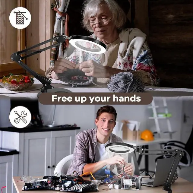 Alt view image 6 of 7 - 10X LED Magnifying Glass with Light, Stepless Dimmable, 3 Color Modes, Real Glass Lens Magnifying Lamp with Light Desk Lamp Clamp for Crafts, Reading, Close Work - Black