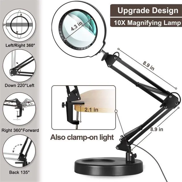 Alt view image 3 of 7 - 10X LED Magnifying Glass with Light, Stepless Dimmable, 3 Color Modes, Real Glass Lens Magnifying Lamp with Light Desk Lamp Clamp for Crafts, Reading, Close Work - Black