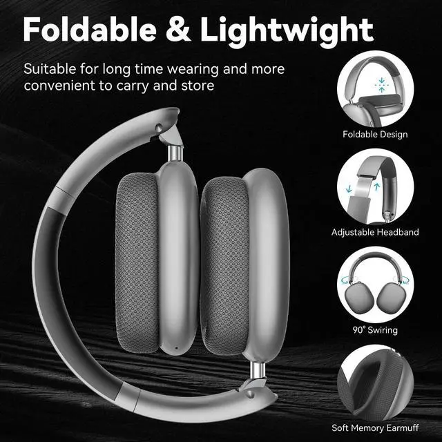 Alt view image 3 of 7 - Twshouse Y01 Bluetooth Headphones over Ear Wireless, 48 Hours Listening Time with Microphone, Foldable Lightweight Design, HiFi Stereo Sound with Deep Bass, for Work, Travel, Sport Gray