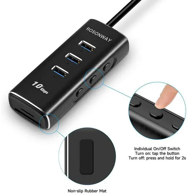 Alt view image 3 of 6 - USB C Hub, ROSONWAY Aluminum 5-in-1 USB 3.1 Gen 2 Hub with 3 10Gbps Data Ports and SD/TF Card Reader, Thunderbolt 3 Compatible, A104D