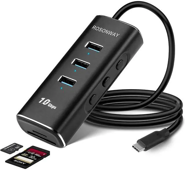 Main image of USB C Hub, ROSONWAY Aluminum 5-in-1 USB 3.1 Gen 2 Hub with 3 10Gbps Data Ports and SD/TF Card Reader, Thunderbolt 3 Compatible, A104D