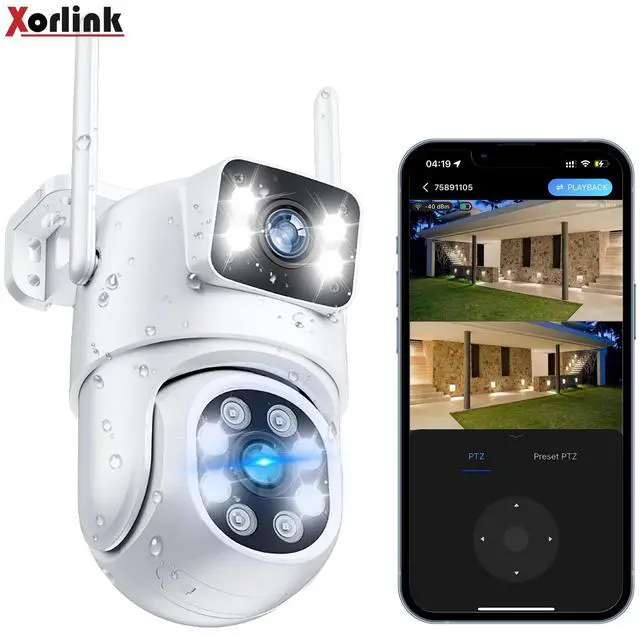 Main image of Xorlink 4K Dual Lens Outdoor Security Camera, WiFi PTZ Outside Cameras for Home Security with Auto Tracking, Human Detection, IP66, Color Night Vision, 24/7 Record,Two-Way Audio, Dual-Screen Display