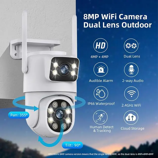 Alt view image 2 of 7 - Xorlink 4K Dual Lens Outdoor Security Camera, WiFi PTZ Outside Cameras for Home Security with Auto Tracking, Human Detection, IP66, Color Night Vision, 24/7 Record,Two-Way Audio, Dual-Screen Display