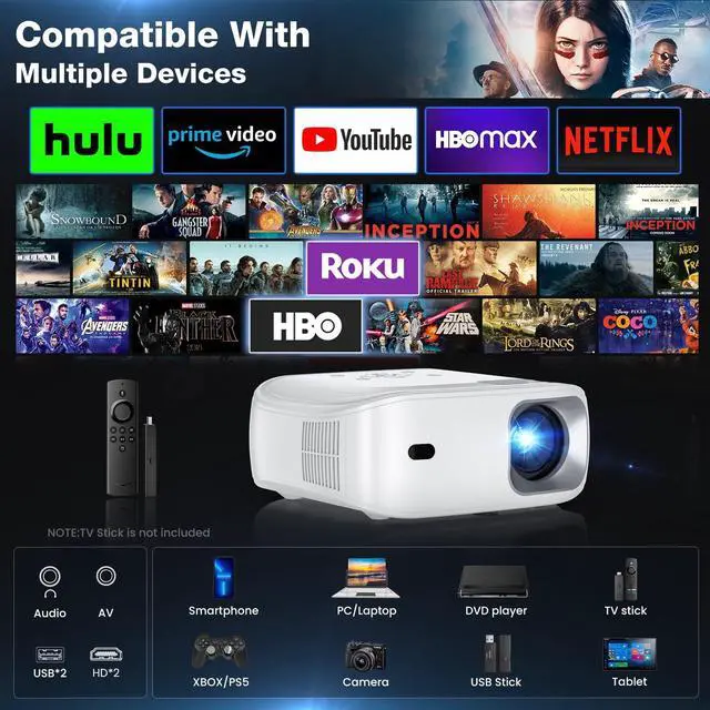 Alt view image 4 of 7 - AUOSHI 4K Support Portable Projector with Wifi and Bluetooth Mini Projector with Speaker FHD Native 1080P Projectors for Outdoor Movies Home Theater