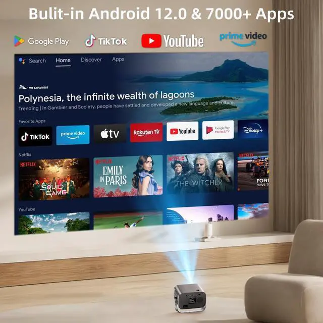 Alt view image 6 of 7 - Cattorii Smart Projector, 5G/2.4G WiFi Bluetooth Projector, 4K Support Native 1080P Projector, Auto Focus Keystone Correction & 360°Adjustable Stand, MAX 300''Display