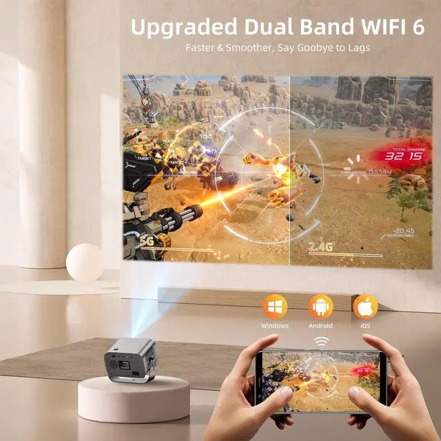 Alt view image 3 of 7 - Cattorii Smart Projector, 5G/2.4G WiFi Bluetooth Projector, 4K Support Native 1080P Projector, Auto Focus Keystone Correction & 360°Adjustable Stand, MAX 300''Display