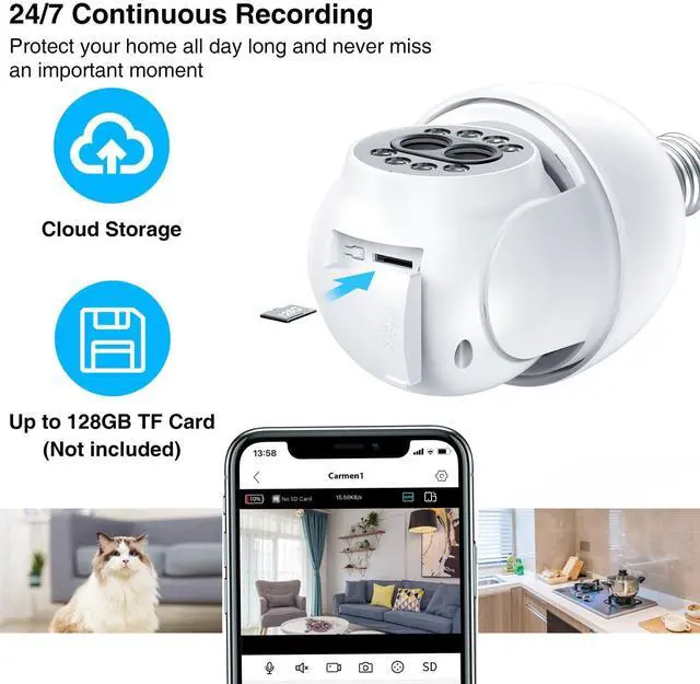 Alt view image 7 of 7 - TOPVISION Light Bulb Camera, 4MP Outdoor Surveillance Camera with 360°PTZ, Dual Lens, Full Color Night Vision, White, 1