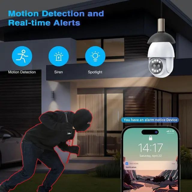 Alt view image 5 of 7 - TOPVISION Light Bulb Camera, 4MP Outdoor Surveillance Camera with 360°PTZ, Dual Lens, Full Color Night Vision, White, 1
