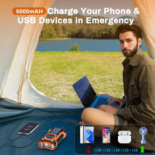 Alt view image 4 of 7 - TOPVISION Emergency Radio, AM/FM/NOAA Weather Radio with 5000mAh Portable Power Bank, USB/Solar/Hand Crank Charging, Waterproof Flashlight, SOS Alarm for Camping Hiking Travel Hurricane