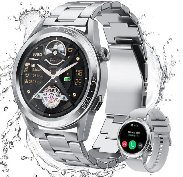 Main image of TOPVISION Smart Watch for Men Women, Fitness Tracker 100+ Sport Modes 2 Bands for Android iOS, Silver