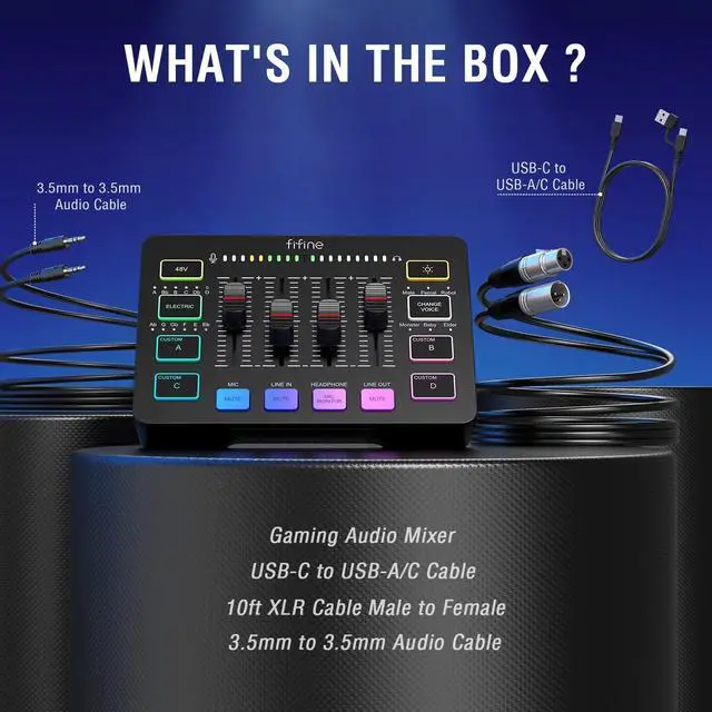 Alt view image 7 of 7 - FIFINE Gaming Audio Mixer with XLR/6.35mm/3.5mm Interface for Microphone,Headset,Live Streaming Mixer for PC Computer PS5 with RGB Control,4 Channels,Headphone Monitor,Gain Control,48V Power,Voice