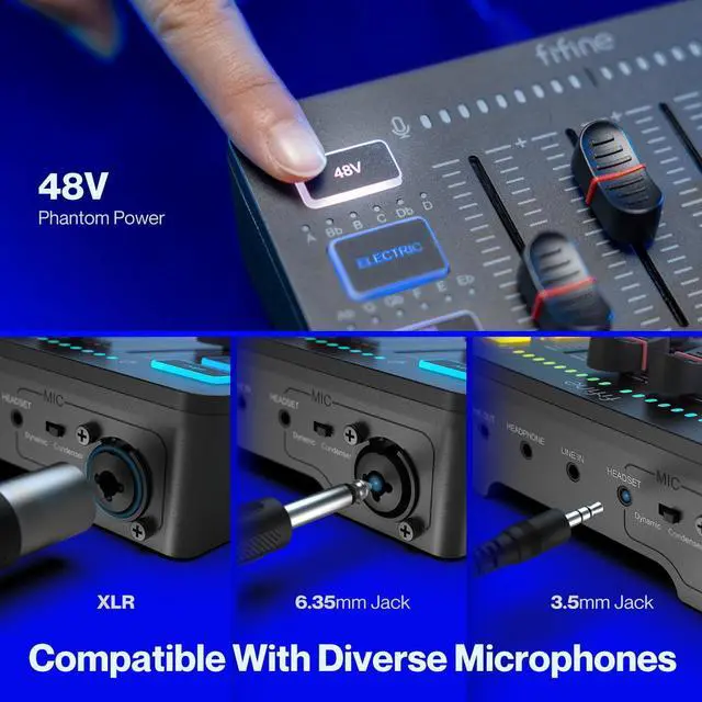 Alt view image 5 of 7 - FIFINE Gaming Audio Mixer with XLR/6.35mm/3.5mm Interface for Microphone,Headset,Live Streaming Mixer for PC Computer PS5 with RGB Control,4 Channels,Headphone Monitor,Gain Control,48V Power,Voice