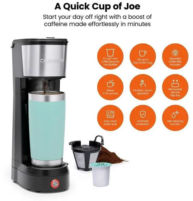 Alt view image 3 of 7 - Chefman Single Serve Coffee Maker: K-Cup & Ground Compatible, Single Cup 6-12 oz