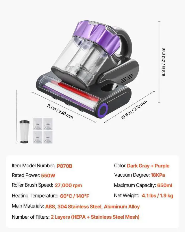 Alt view image 7 of 7 - Mattress Vacuum Cleaner with 18Kpa Powerful Suction HEPA Filter 550W Gray