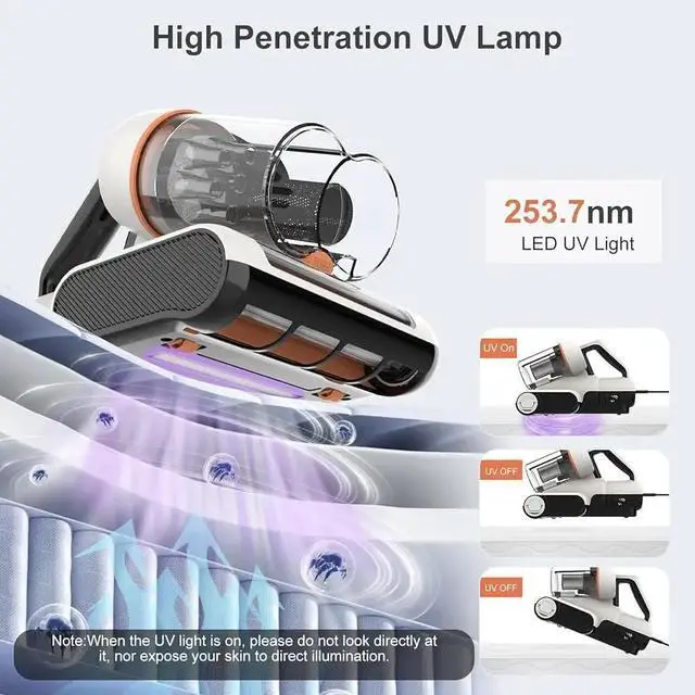 Alt view image 4 of 5 - 2025 NEW 500W Mattress Vacuum Cleaner UV Light 7-16Kpa Strong Suction 6 Stage Filtration System Hot Air Drying Lightweight Cleaner