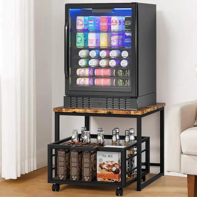 Main image of Compact Mini Fridge Stand with Storage Drawer Rolling Basket Beverage Organizer Dorm Office Home Bar Shelving Solution