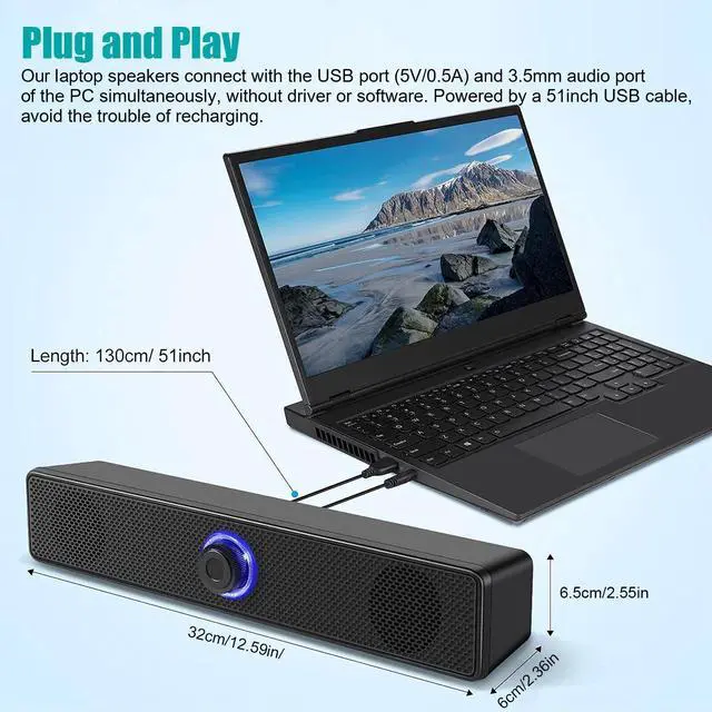 Alt view image 4 of 7 - 3.5mm USB Wired Soundbar Stereo Bass Sound Computer Speakers for Desktop Laptop