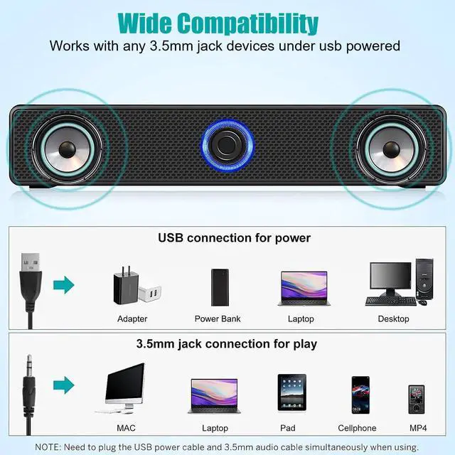Alt view image 3 of 7 - 3.5mm USB Wired Soundbar Stereo Bass Sound Computer Speakers for Desktop Laptop