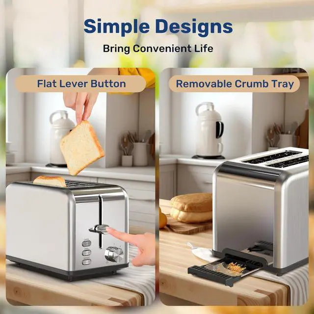Alt view image 4 of 7 - 2-Slice Toaster Extra Wide Slot & Removable Crumb Tray for Bread & Waffle Silver