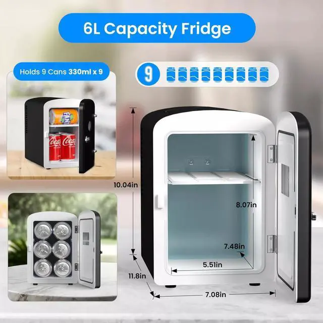 Alt view image 2 of 7 - 6L Portable Mini Fridge with Observation Window Warmer and Cooler 9 Cans Black