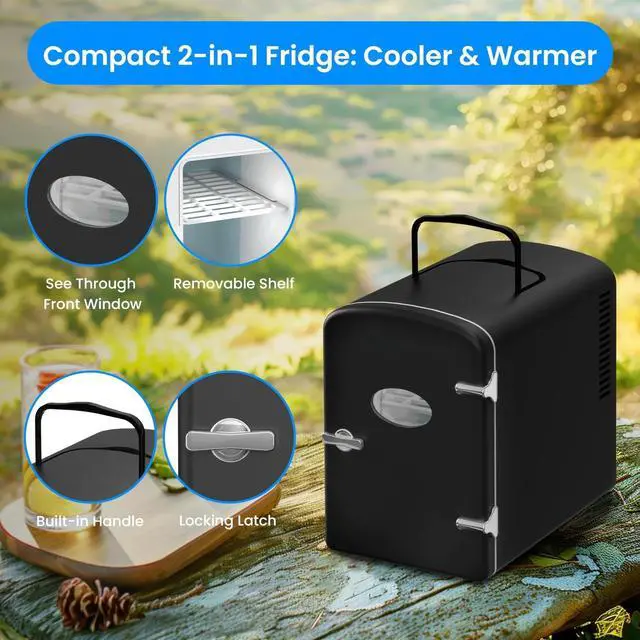 Alt view image 4 of 7 - 6L Portable Mini Fridge with Observation Window Warmer and Cooler 9 Cans Black