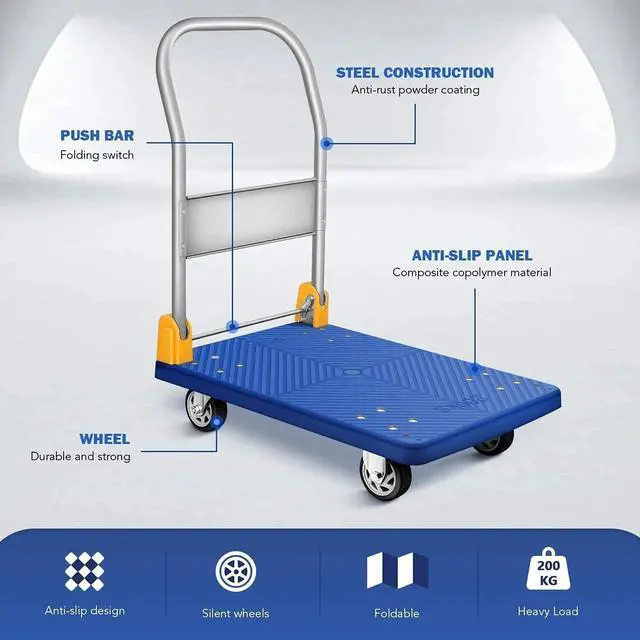 Alt view image 2 of 7 - Platform Truck with 440lb Weight Capacity and 360 Degree Swivel Wheels Blue