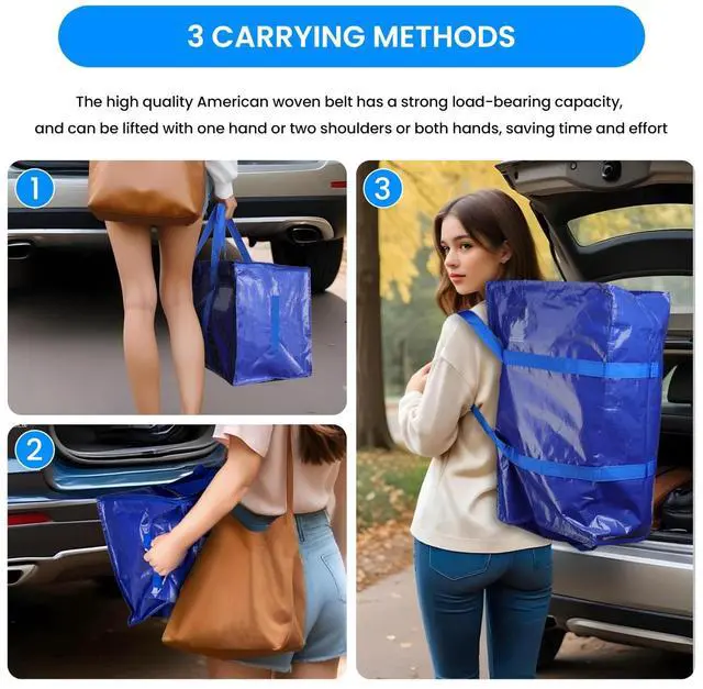 Alt view image 6 of 7 - 4 Pack Extra Large Moving Bags with Lids Reinforced Handles and Zippers Blue