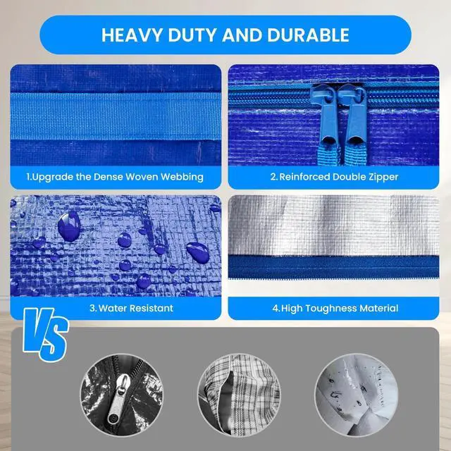 Alt view image 7 of 7 - 4 Pack Extra Large Moving Bags with Lids Reinforced Handles and Zippers Blue