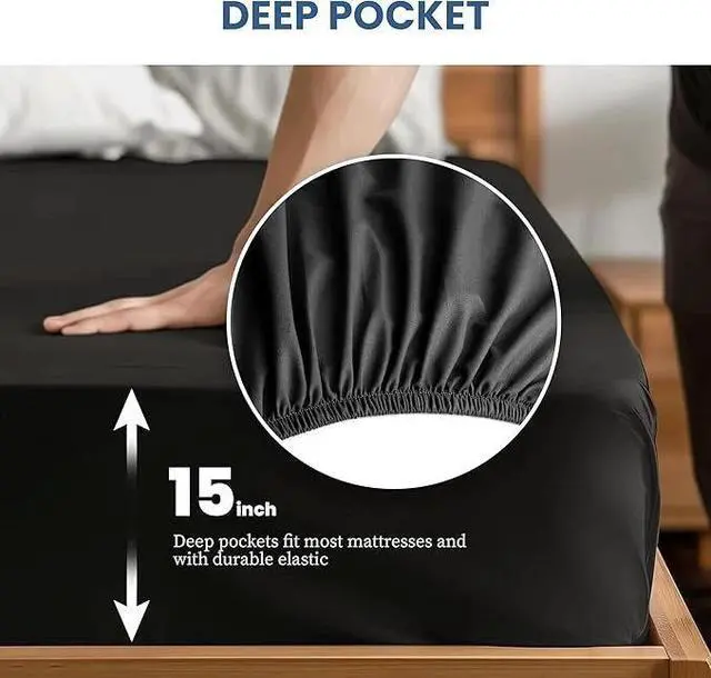 Alt view image 5 of 7 - Queen Bed Sheet Set Cooling Breathable & Super Soft 4 Piece Bedding Sheets Black