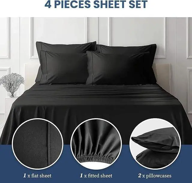Alt view image 2 of 7 - Queen Bed Sheet Set Cooling Breathable & Super Soft 4 Piece Bedding Sheets Black