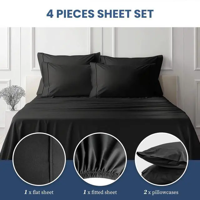 Alt view image 2 of 7 - Deep Pocket Queen Size 4 Piece Sheet Set Super Soft Cooling Bedding Sheets Black