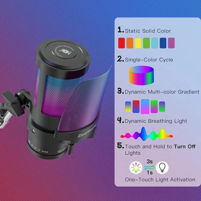 Alt view image 5 of 7 - ZealSound Gaming USB Microphone,Noise Cancellation Condenser mic with Touch Mute,Gain,Monitoring,Boom Arm for Streaming,Podcast,Twitch,YouTube,Discord,iPhone,iPad,PC,Computer,PS4,PS5,Mac,GamerWave