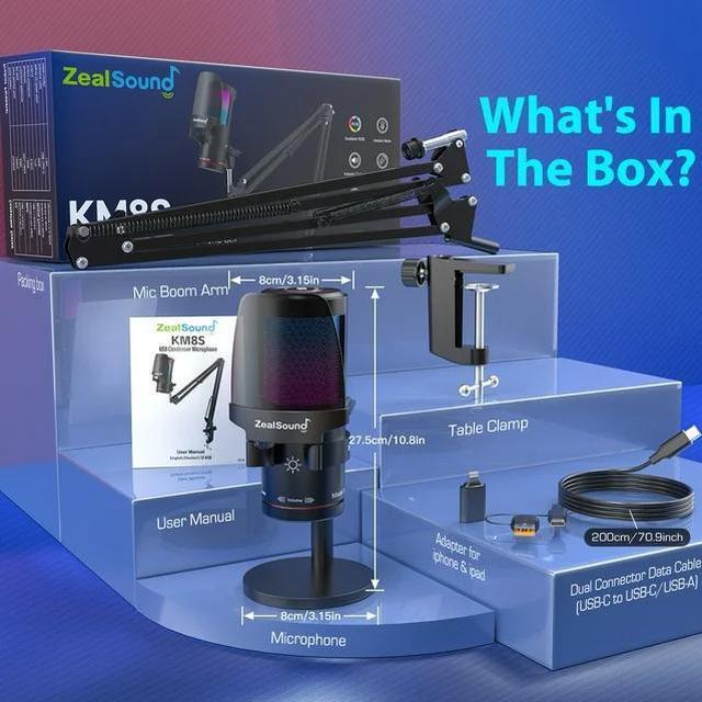 Alt view image 7 of 7 - ZealSound Gaming USB Microphone,Noise Cancellation Condenser mic with Touch Mute,Gain,Monitoring,Boom Arm for Streaming,Podcast,Twitch,YouTube,Discord,iPhone,iPad,PC,Computer,PS4,PS5,Mac,GamerWave