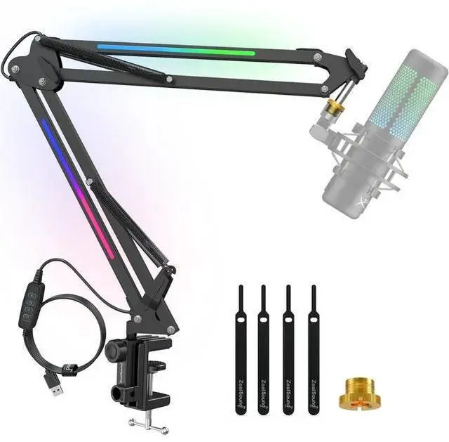 Main image of ZealSound RGB Boom Microphone Stand, Adjustable Suspension Boom Arm, Compatible with Blue Yeti, Snowball, QuadCast for Gaming, Streaming, Podcasting, Includes 3/8" to 5/8" Adapter