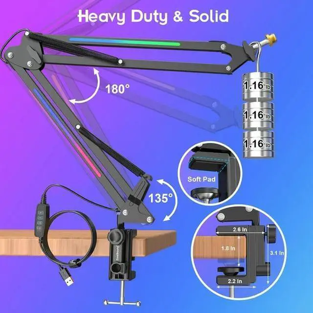 Alt view image 6 of 7 - ZealSound RGB Boom Microphone Stand, Adjustable Suspension Boom Arm, Compatible with Blue Yeti, Snowball, QuadCast for Gaming, Streaming, Podcasting, Includes 3/8" to 5/8" Adapter