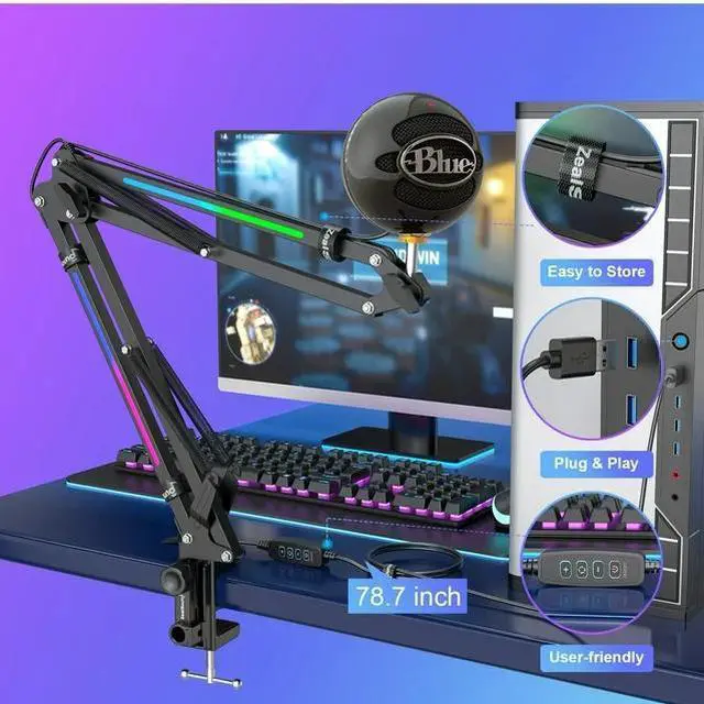 Alt view image 5 of 7 - ZealSound RGB Boom Microphone Stand, Adjustable Suspension Boom Arm, Compatible with Blue Yeti, Snowball, QuadCast for Gaming, Streaming, Podcasting, Includes 3/8" to 5/8" Adapter
