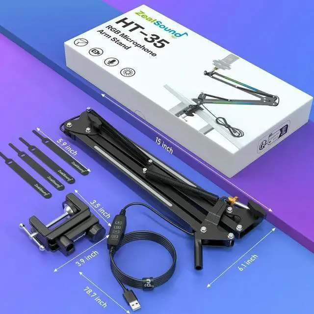 Alt view image 7 of 7 - ZealSound RGB Boom Microphone Stand, Adjustable Suspension Boom Arm, Compatible with Blue Yeti, Snowball, QuadCast for Gaming, Streaming, Podcasting, Includes 3/8" to 5/8" Adapter