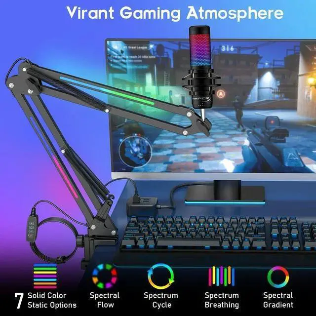 Alt view image 2 of 7 - ZealSound RGB Boom Microphone Stand, Adjustable Suspension Boom Arm, Compatible with Blue Yeti, Snowball, QuadCast for Gaming, Streaming, Podcasting, Includes 3/8" to 5/8" Adapter